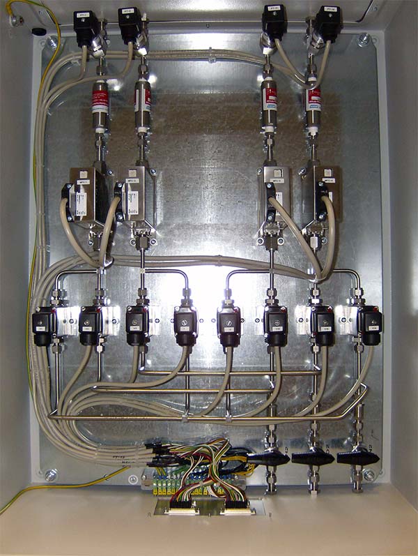 Gasmischsystem mit 2 Linien. Je Linie können 2 Gase über MFCs dosiert und gemischt werden. Ein MFC mit Spülung mit Inertgas.