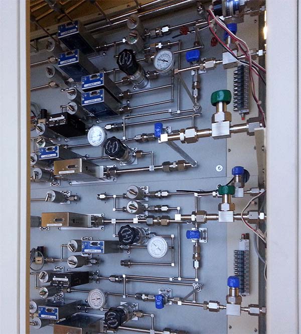 Gas control panel in the source cabinet of a diffusion furnace.