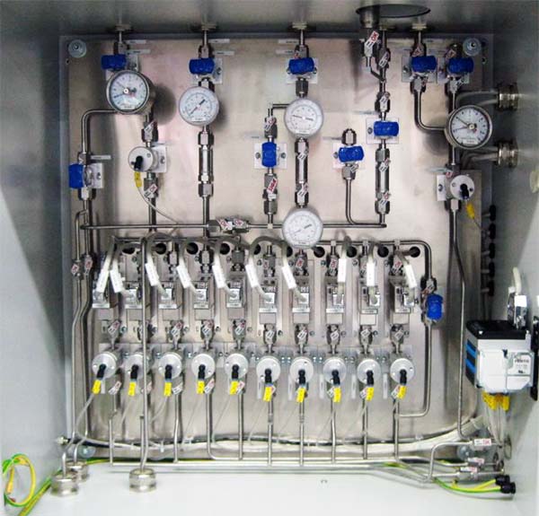 Gas control of two process gases using 10 mass flow controllers.