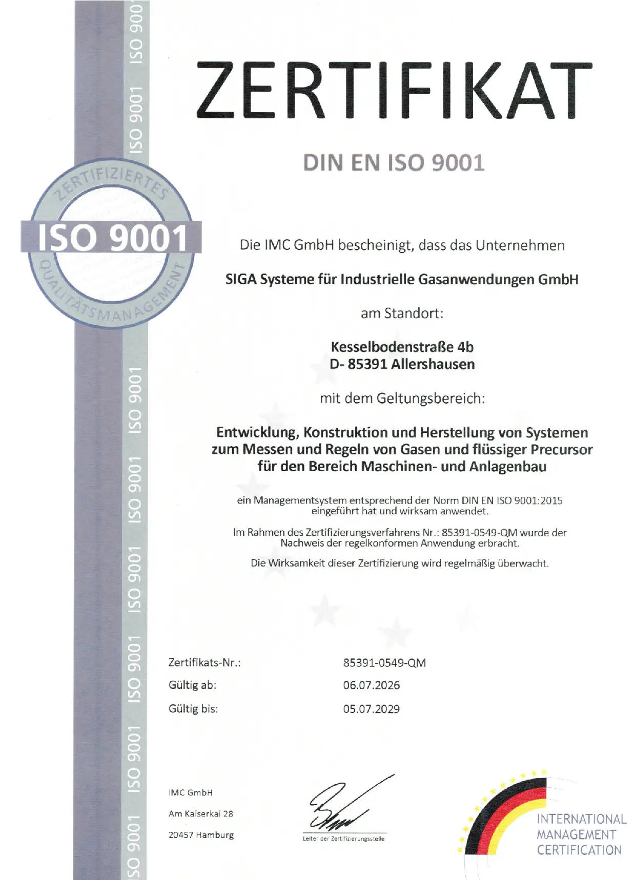 ISO 9001 Zertifikat 2026 SIGA